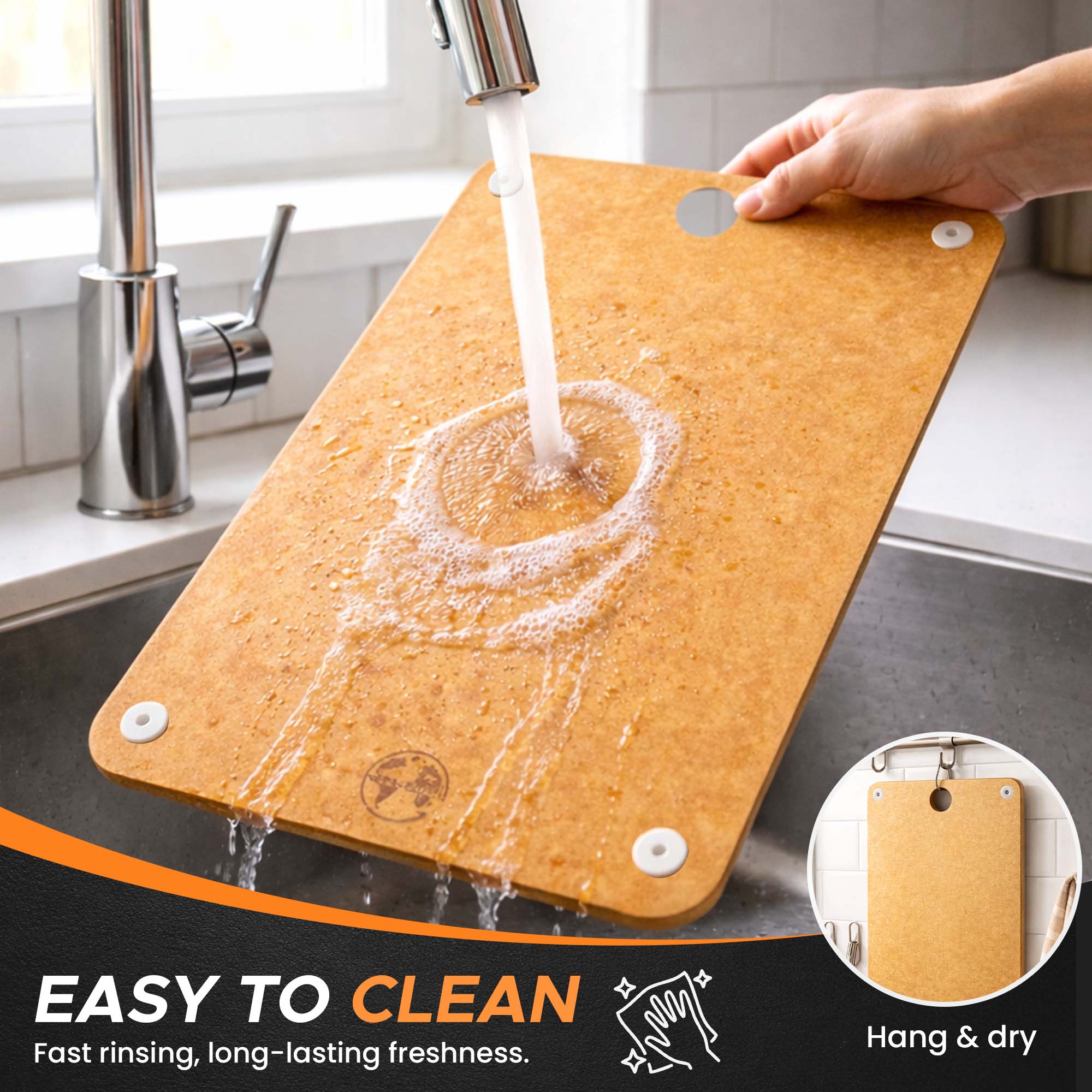 Easy to Clean - Tan cutting board under running water with fast rinsing